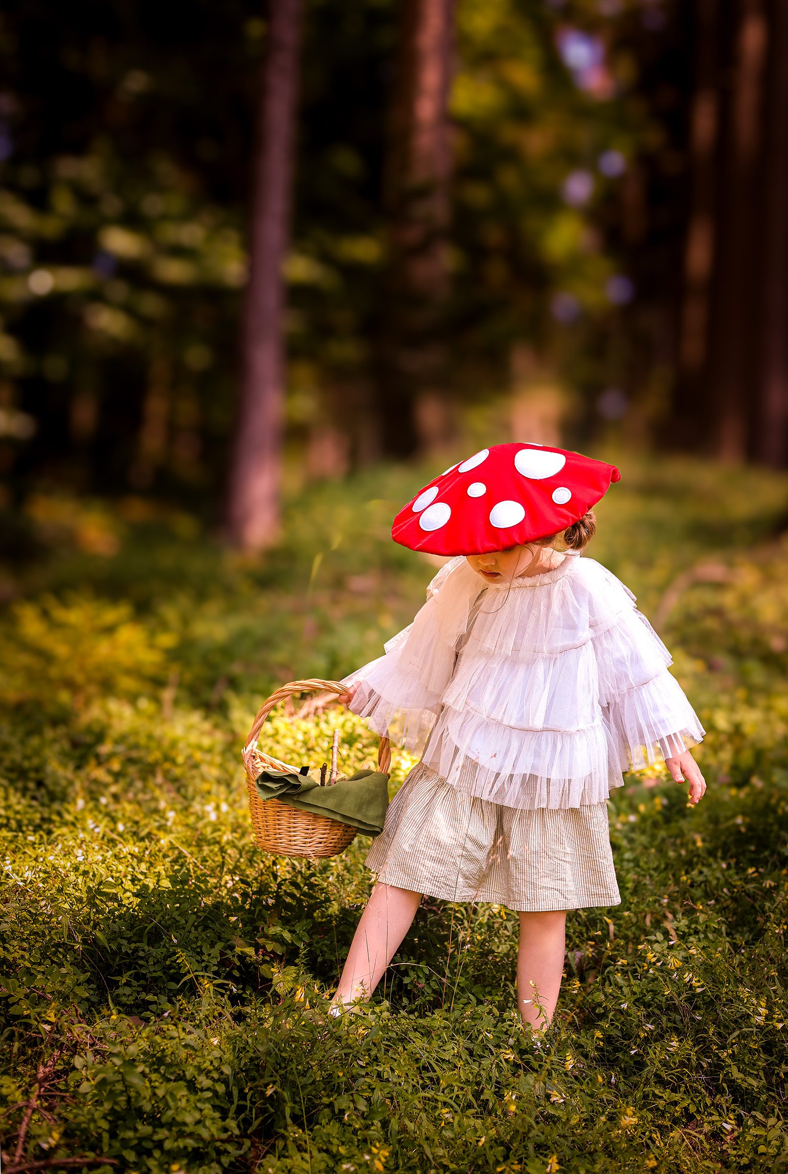 Anmutiges Kinderportrait von Mädchen mit Pilzhut im Wald nahe Dinkelsbühl
