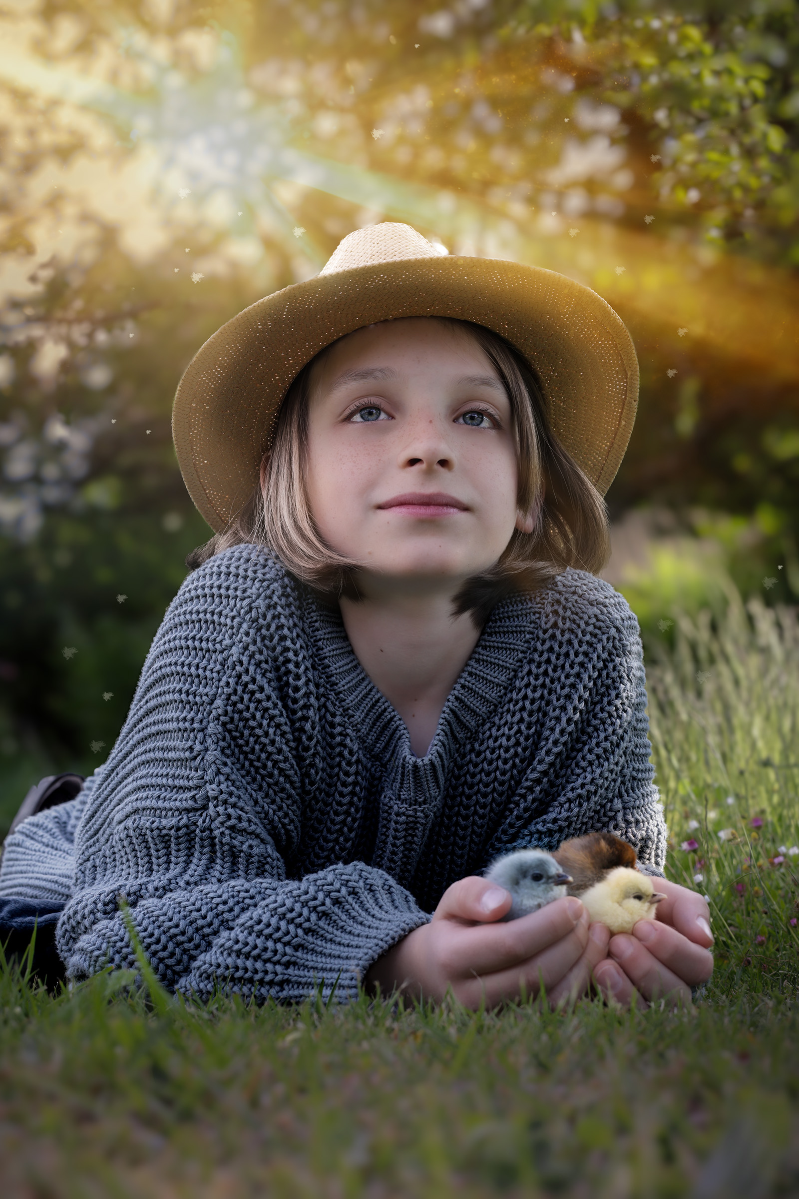 Kinderfoto von Jungen mit Haustieren/ Küken nahe Crailsheim